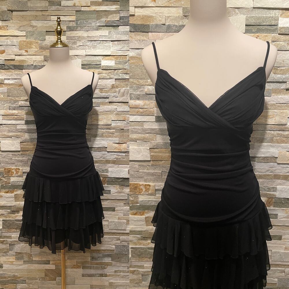 Vintage City Triangles Black Y2K Bodycon Mini Dress | Ruffle Hem Sparkle S 2/4